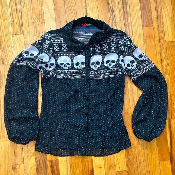 Hell Bunny Tops - Hell Bunny Sheer Skull Ornament Button-Down